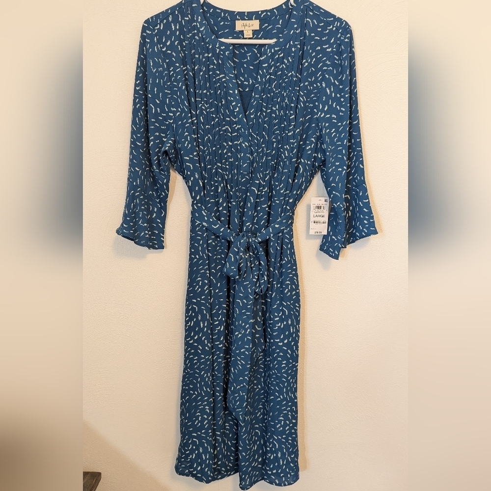 NWT Style & Co Dress Belted Pintuck Feminine 3/4 Sleeve Knee Length Dress, L